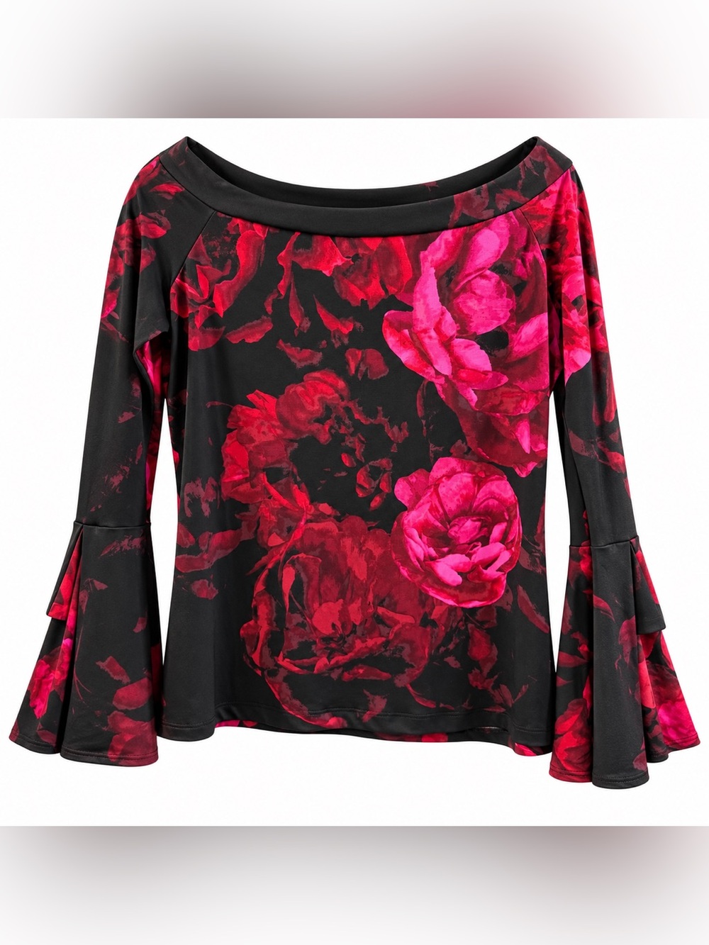 Clara Sun Woo Floral Boat Neck Split Sleeve Top Black Red Pink Medium